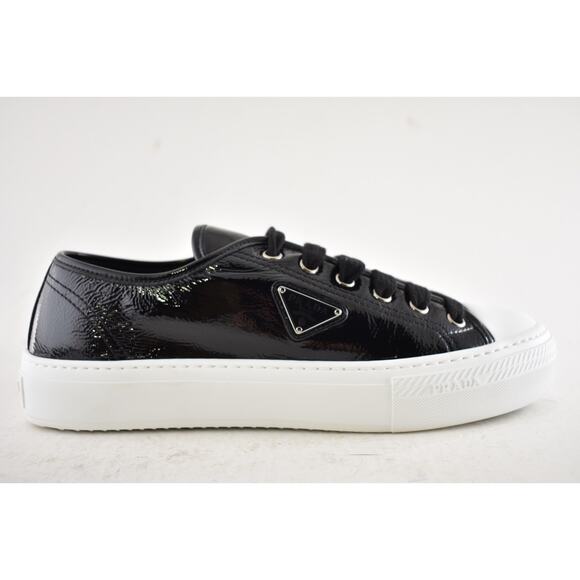Prada Smash Naplak Black White Patent Logo Flat Low Top Trainer Sneaker 39.5 - Picture 2 of 16